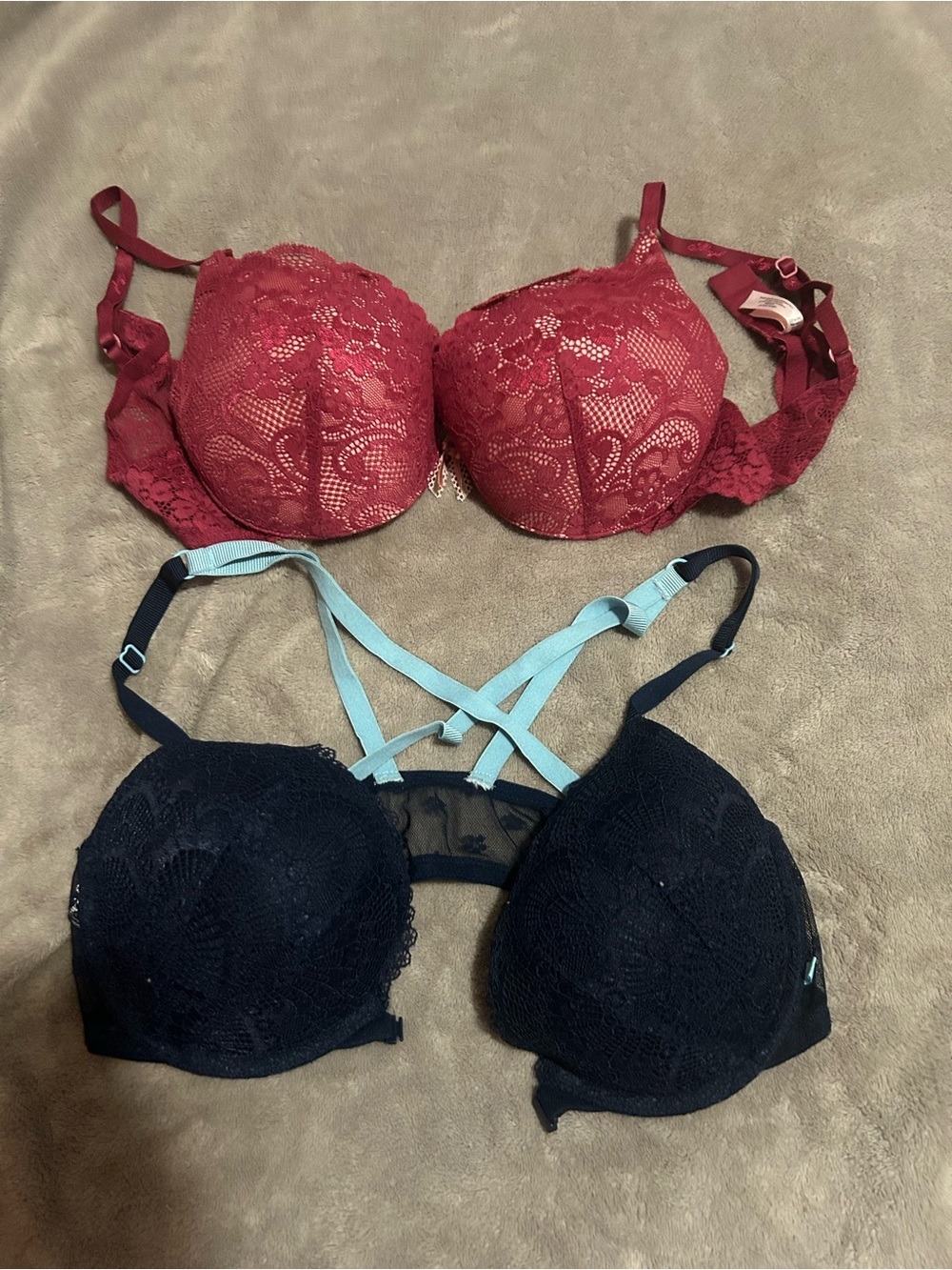 Victoria's Secret Lace Push-Up Bra Duo — Wine Red and Blue